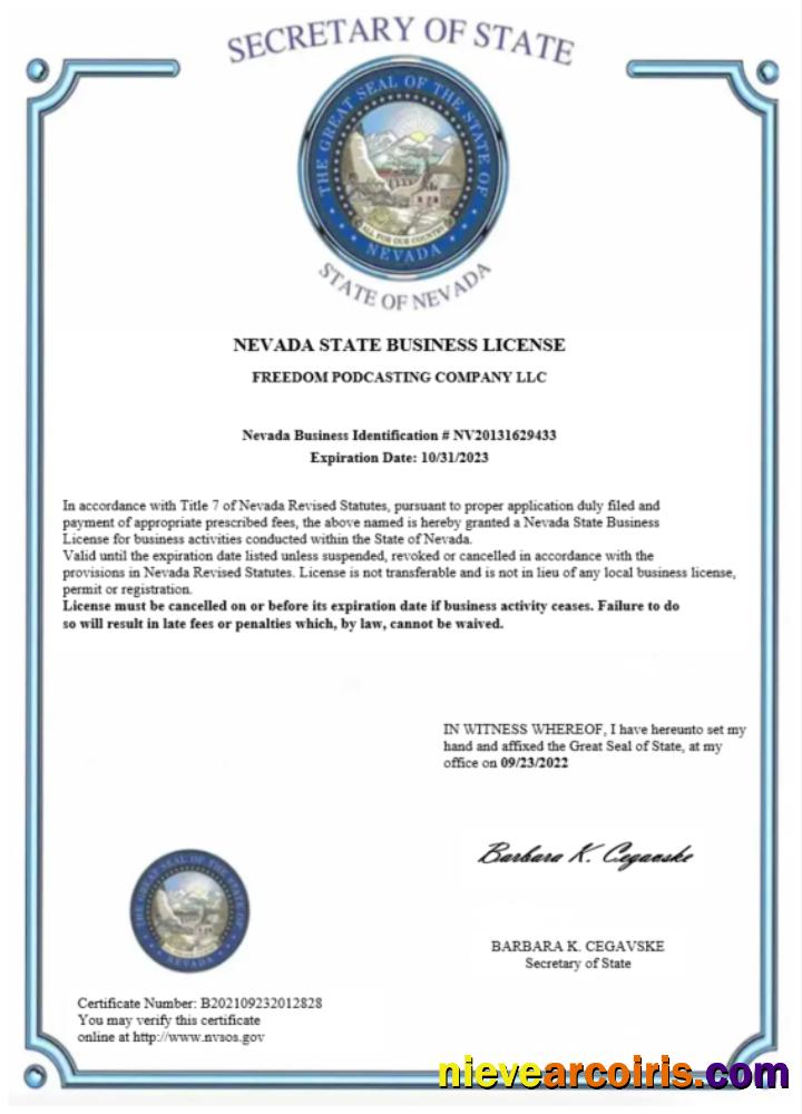 USA Nevada State certificate of business license